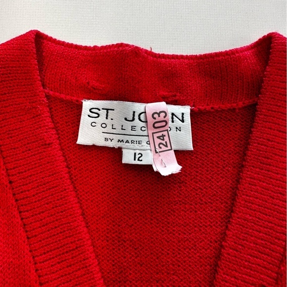 ST. JOHN Red VNeck Sweater, with Gold Button Front. Size 12. Flaws - Picture 3 of 9